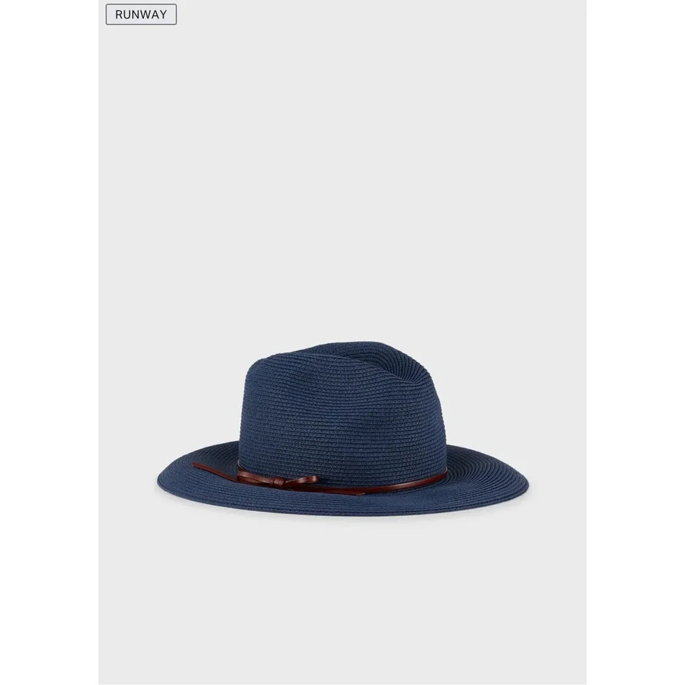 EMPORIO ARMANI Straw Hat Navy Blue Brown NWOT